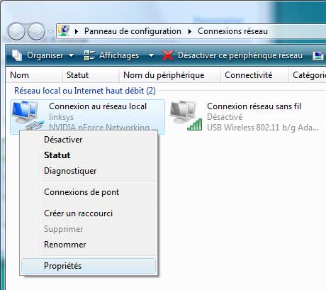 Windows Vista : Propriétés de la carte réseau
